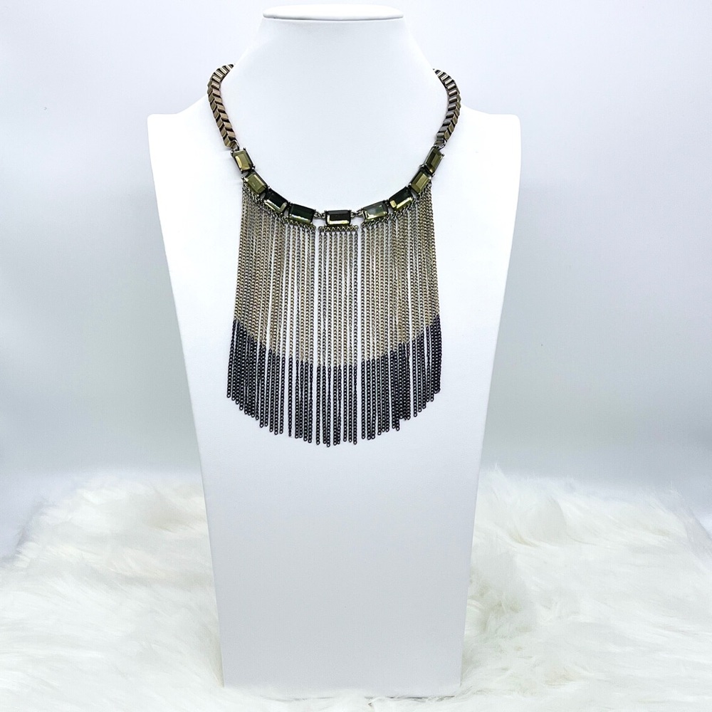 Gold Tone Black Fringe Smoky Rhinestone Statement Necklace
